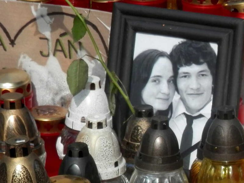 Candles and memorial lights beneath the statue of St. John Paul II during a national vigil for Ján Kuciak and Martina Kušnírová in Prešov, Slovakia, March 2018.