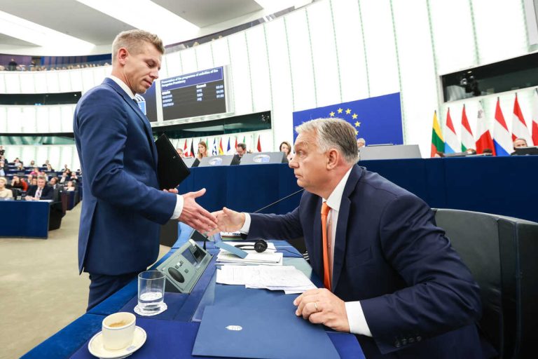 Péter Magyar and Viktor Orbán in the European Parliament, Strasbourg, on 9 October 2024. Photographer: Alain Rolland. ©EU – Source: EP.