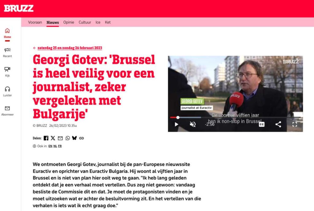 Screenshot of founder and editor of EUalive Georgi Gotev talking to colleagues at Bruzz about reporting from Brussels in 2023.
