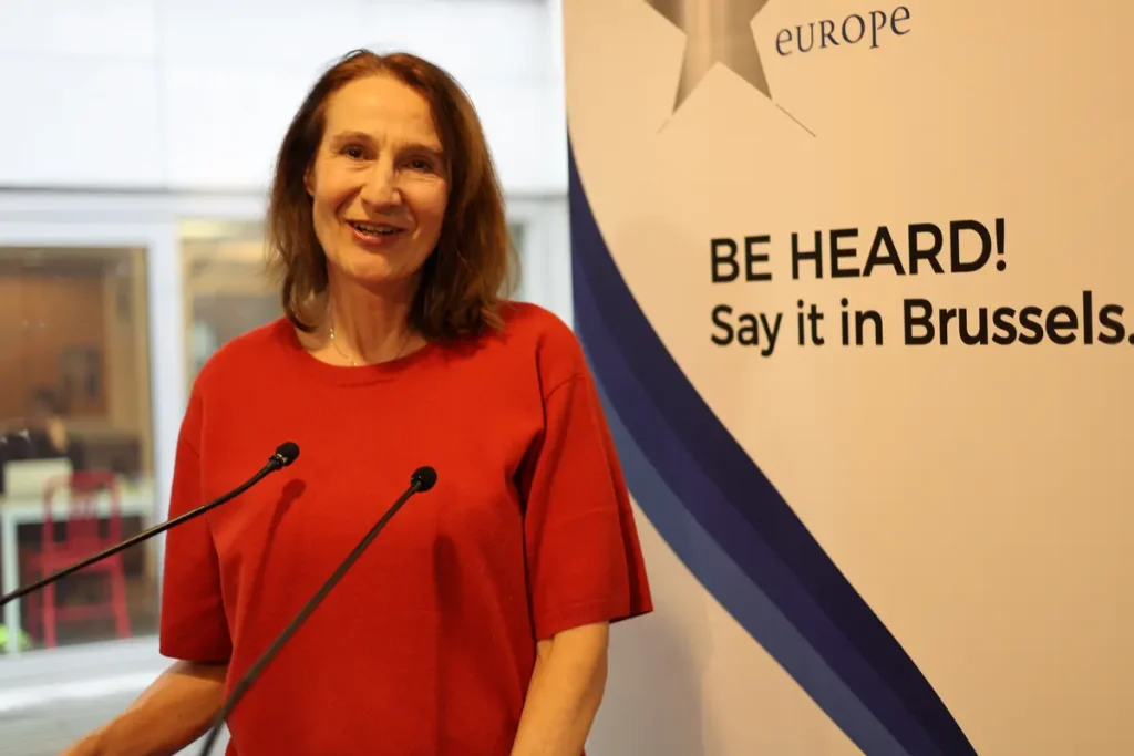 European Federation of Journalists' director Renate Schroeder at the Brussels Press Club